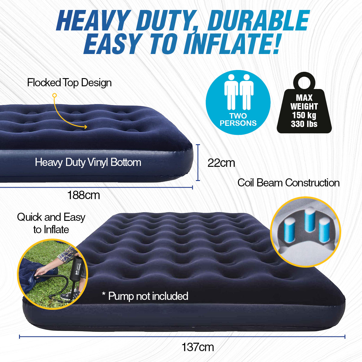 Bestway Double Inflatable Air Bed featuring a durable design, coil beam construction, and a soft flocked top, suitable for indoor and outdoor use.