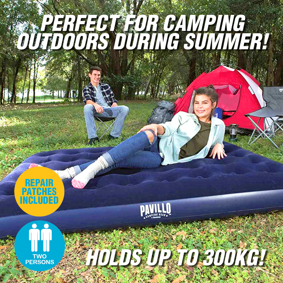 Bestway Double Inflatable Air Bed featuring a durable design, coil beam construction, and a soft flocked top, suitable for indoor and outdoor use.