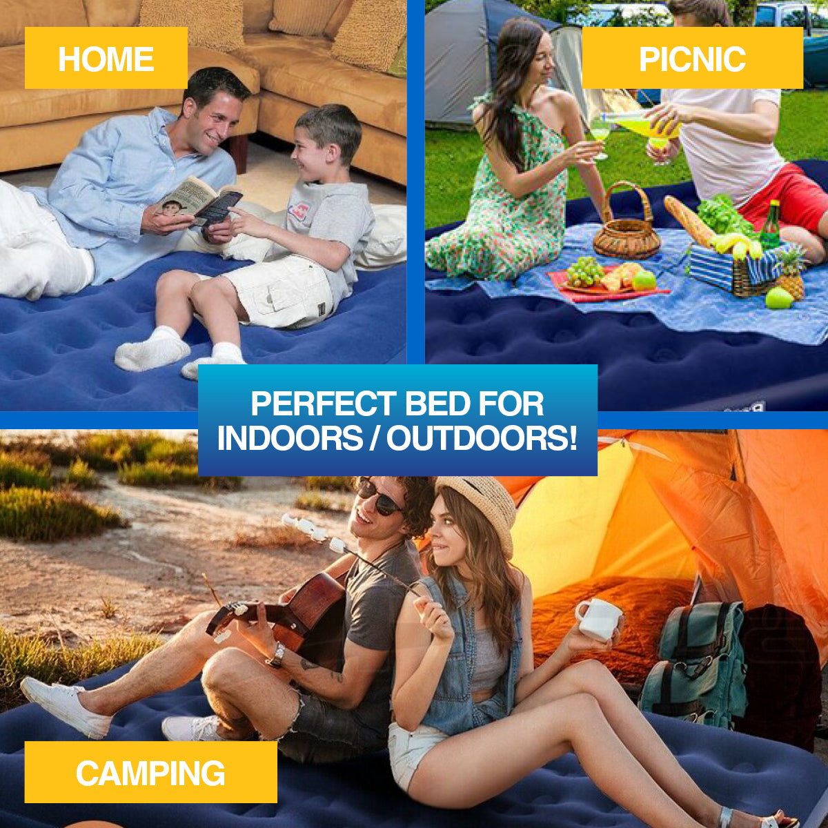Bestway Double Inflatable Air Bed featuring a durable design, coil beam construction, and a soft flocked top, suitable for indoor and outdoor use.