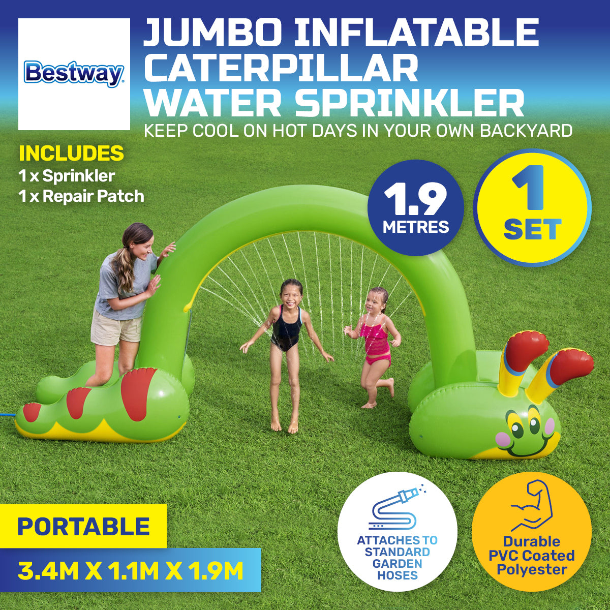 Brightly colored Bestway Inflatable Caterpillar Sprinkler, 3.4m long, with built-in sprayer, perfect for summer fun.