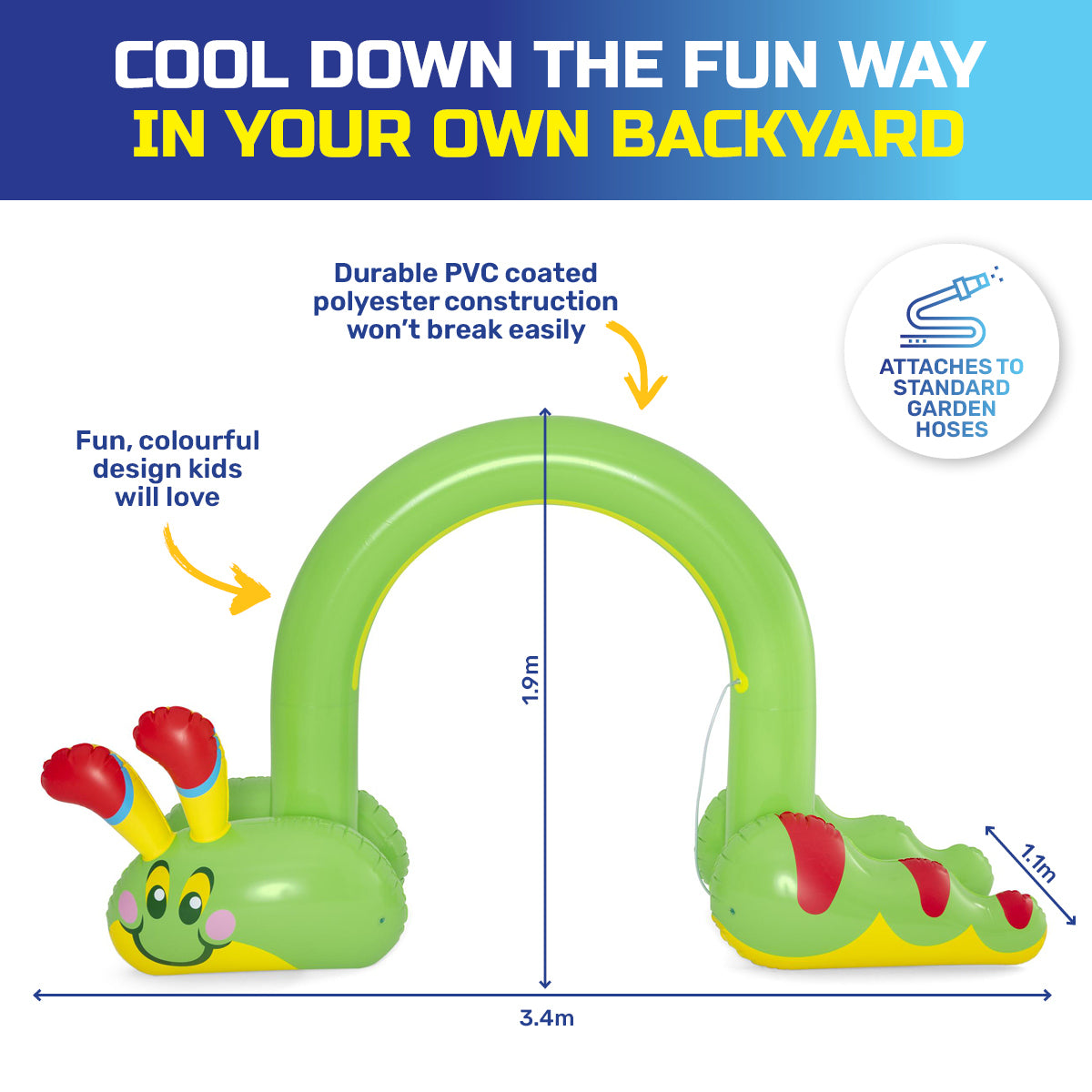Brightly colored Bestway Inflatable Caterpillar Sprinkler, 3.4m long, with built-in sprayer, perfect for summer fun.