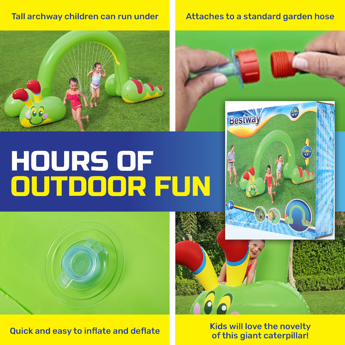 Brightly colored Bestway Inflatable Caterpillar Sprinkler, 3.4m long, with built-in sprayer, perfect for summer fun.