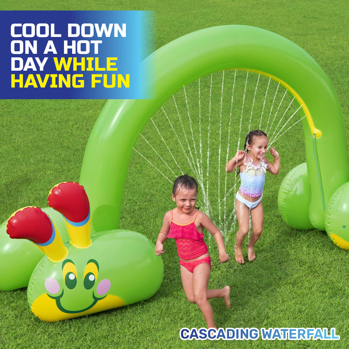 Brightly colored Bestway Inflatable Caterpillar Sprinkler, 3.4m long, with built-in sprayer, perfect for summer fun.