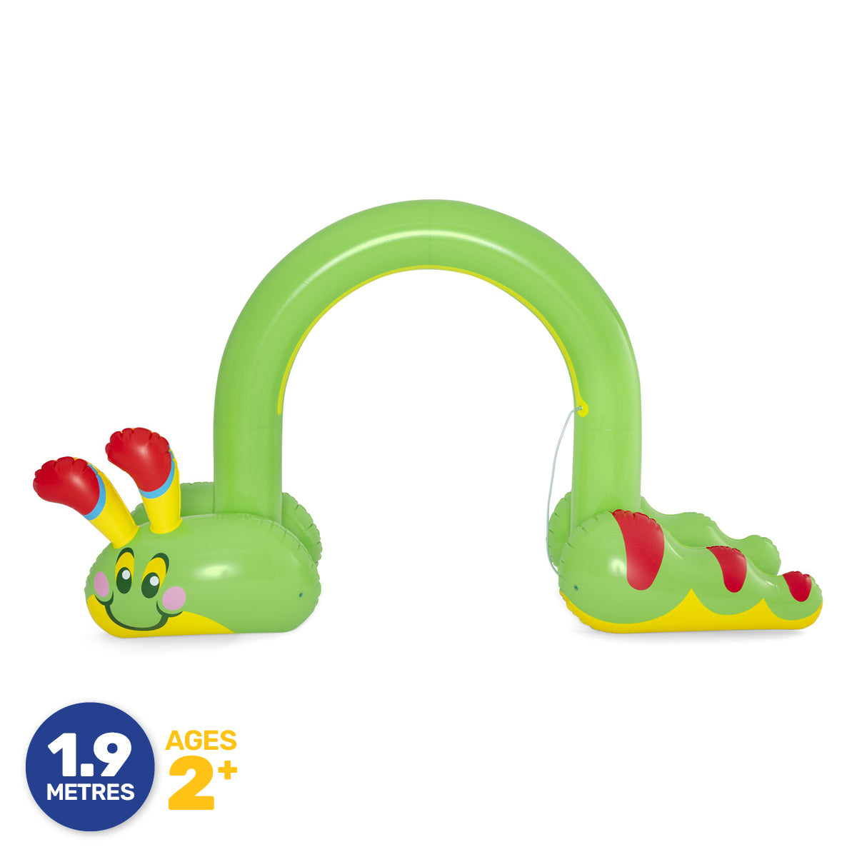 Brightly colored Bestway Inflatable Caterpillar Sprinkler, 3.4m long, with built-in sprayer, perfect for summer fun.
