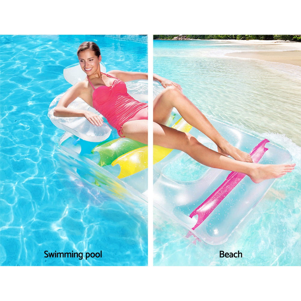 Bestway Inflatable Lounge Beach Float with colorful design and comfortable headrest, armrests, and backrest, perfect for poolside relaxation.