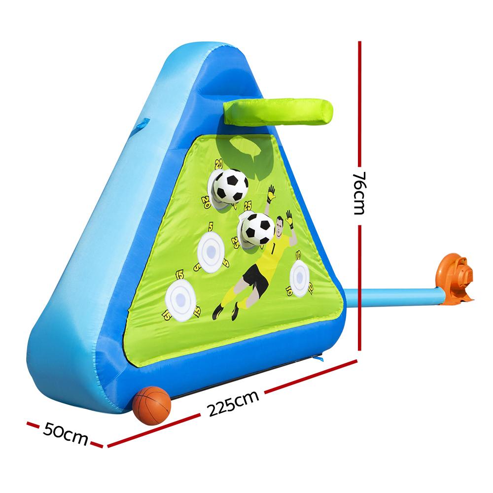 Bestway Kids Inflatable Sports Board featuring basketball, baseball, and soccer play areas, designed for outdoor fun with vibrant colors.