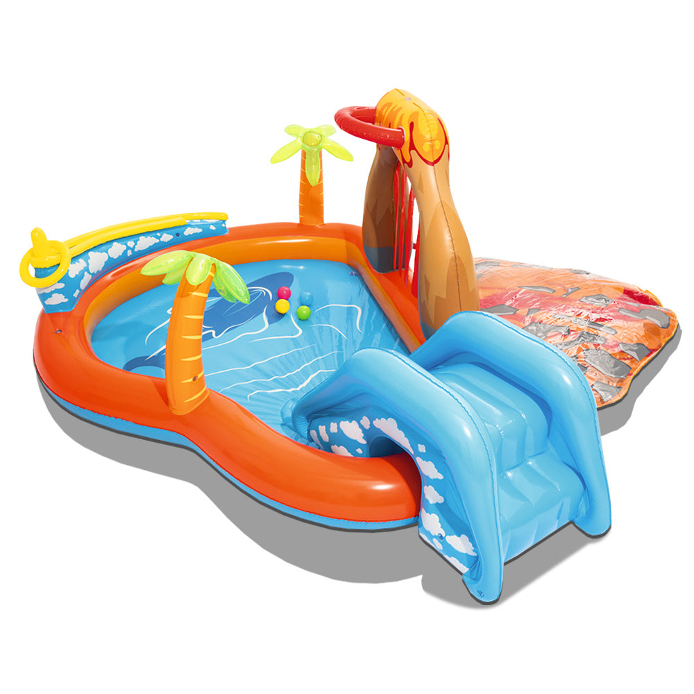 Bestway Lava Lagoon Play Centre featuring a slide, water blob, and inflatable games for kids in a colorful design.