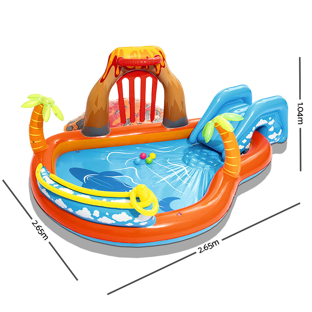 Bestway Lava Lagoon Play Centre featuring a slide, water blob, and inflatable games for kids in a colorful design.