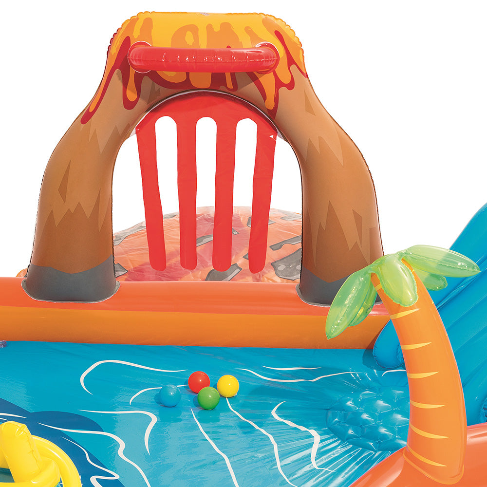Bestway Lava Lagoon Play Centre featuring a slide, water blob, and inflatable games for kids in a colorful design.