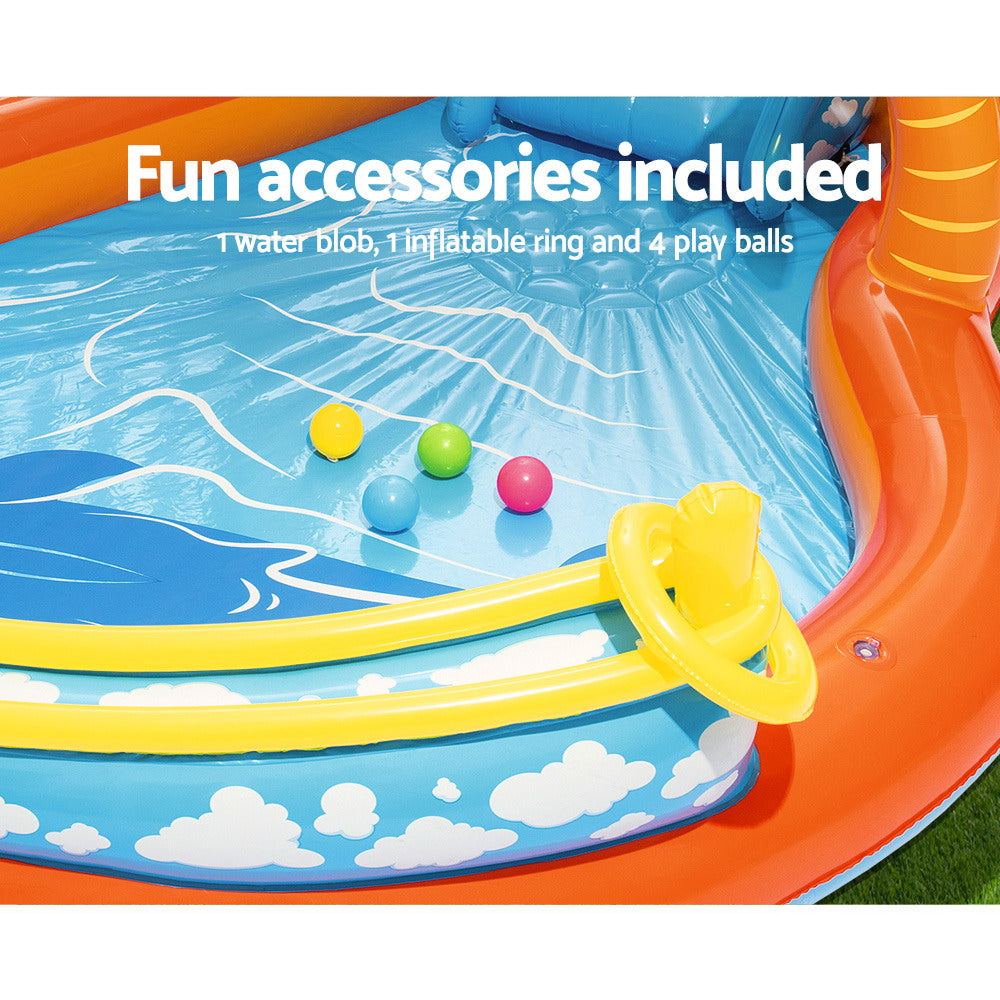 Bestway Lava Lagoon Play Centre featuring a slide, water blob, and inflatable games for kids in a colorful design.