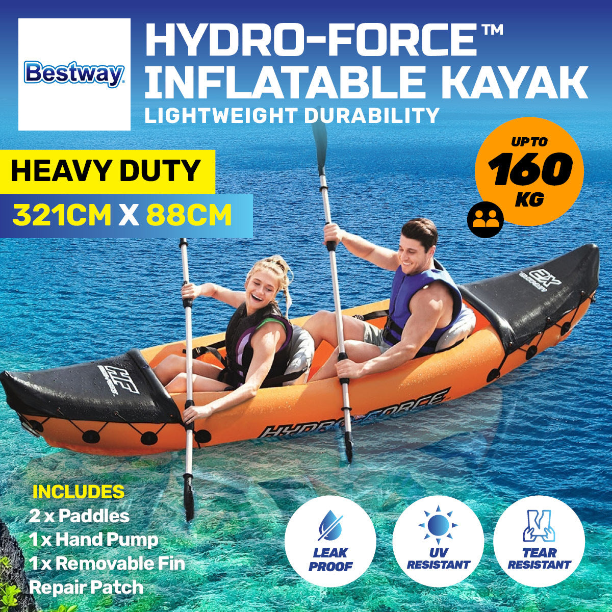 Bestway Lite-Rapid 2 Person Inflatable Kayak with oars, pump, and fins, showcasing its lightweight design and durable construction.