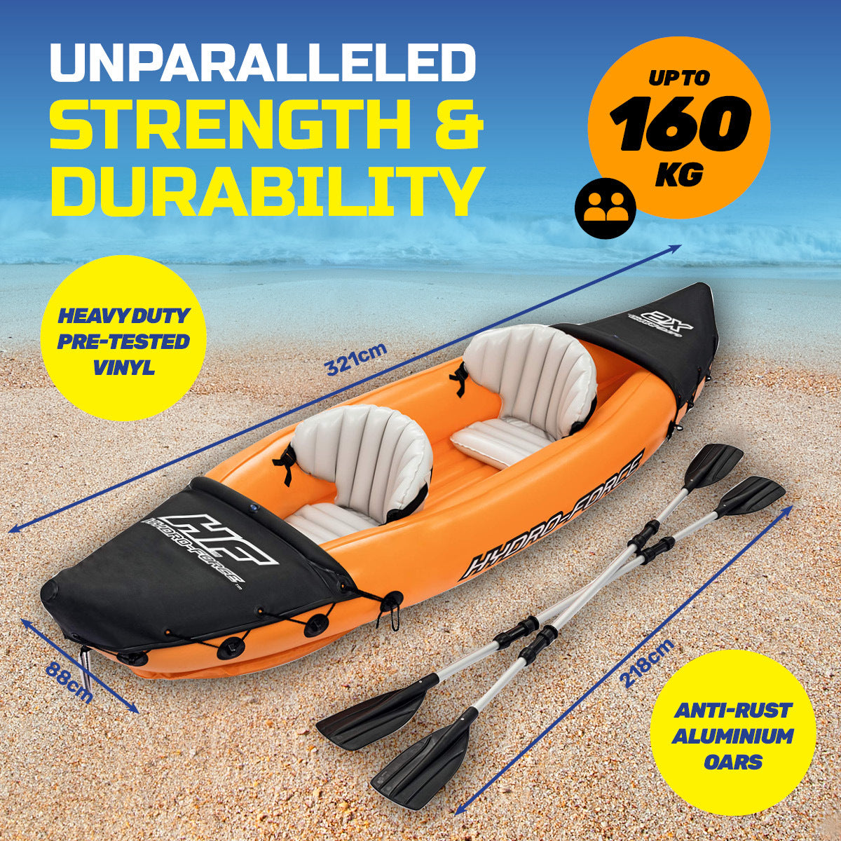 Bestway Lite-Rapid 2 Person Inflatable Kayak with oars, pump, and fins, showcasing its lightweight design and durable construction.
