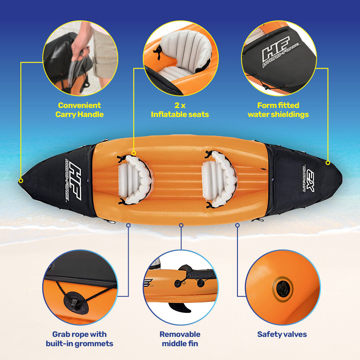 Bestway Lite-Rapid 2 Person Inflatable Kayak with oars, pump, and fins, showcasing its lightweight design and durable construction.