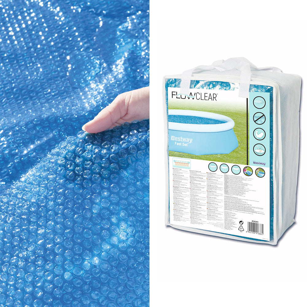 Bestway Solar Pool Cover Blanket for 10ft round swimming pool, made of durable UV-resistant PVC, featuring drainage holes and secure ropes.