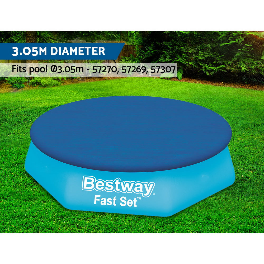 Bestway Solar Pool Cover Blanket for 10ft round swimming pool, made of durable UV-resistant PVC, featuring drainage holes and secure ropes.
