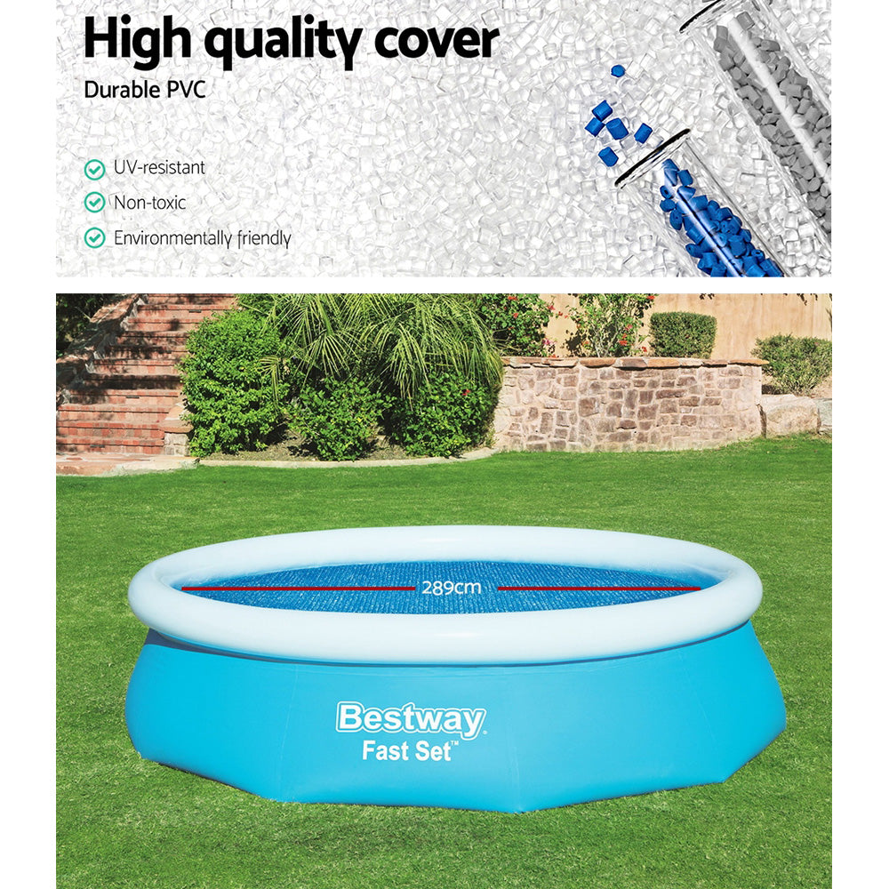 Bestway Solar Pool Cover Blanket for 10ft round swimming pool, made of durable UV-resistant PVC, featuring drainage holes and secure ropes.