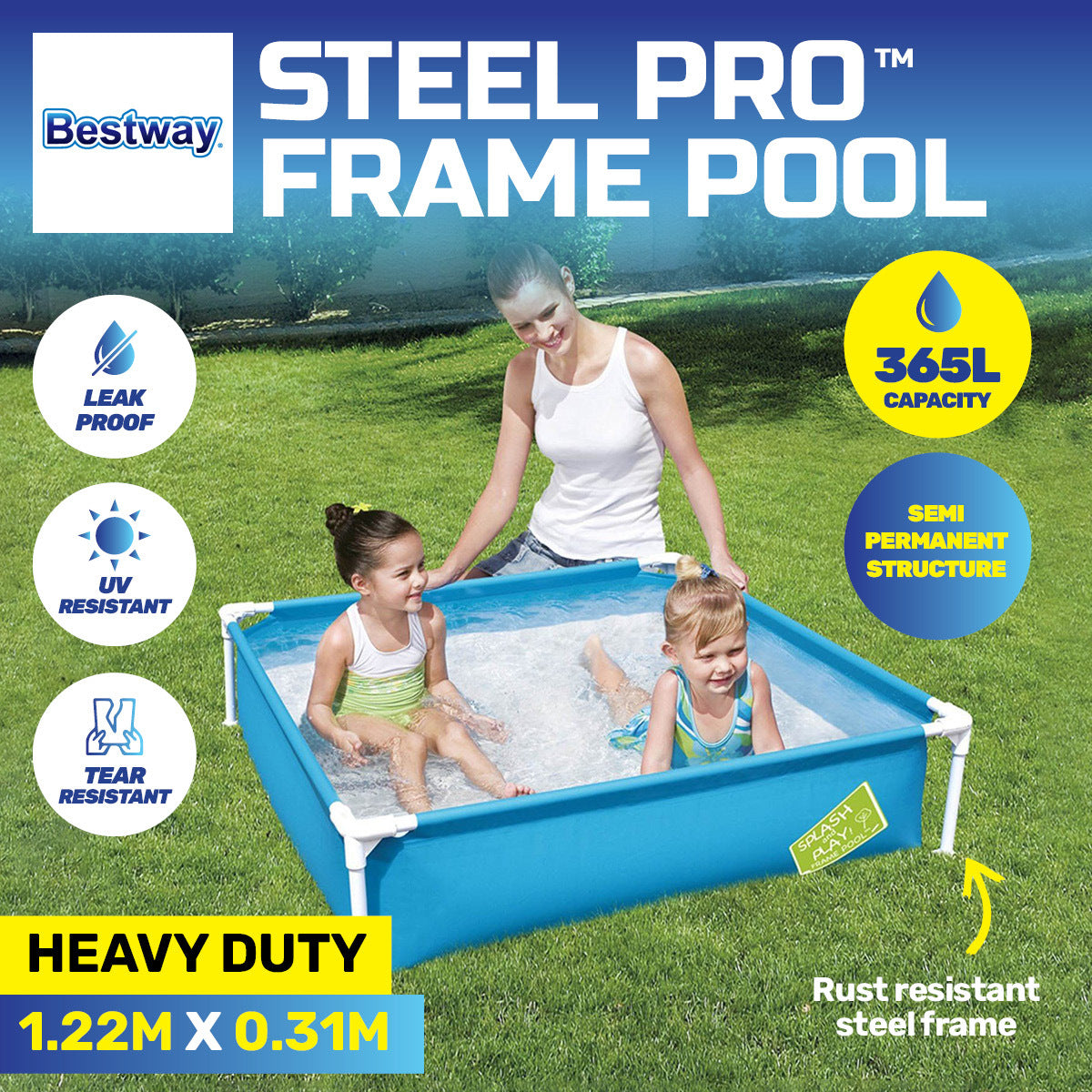 Bestway Steel Pro My First Frame Pool for kids, featuring a blue color and sturdy frame, perfect for summer fun in small backyards.