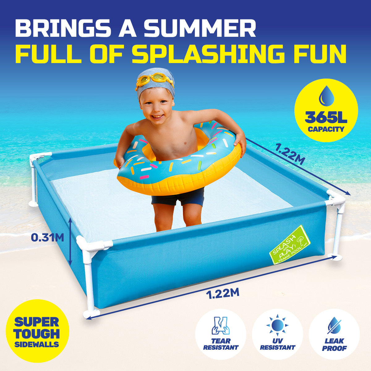 Bestway Steel Pro My First Frame Pool for kids, featuring a blue color and sturdy frame, perfect for summer fun in small backyards.