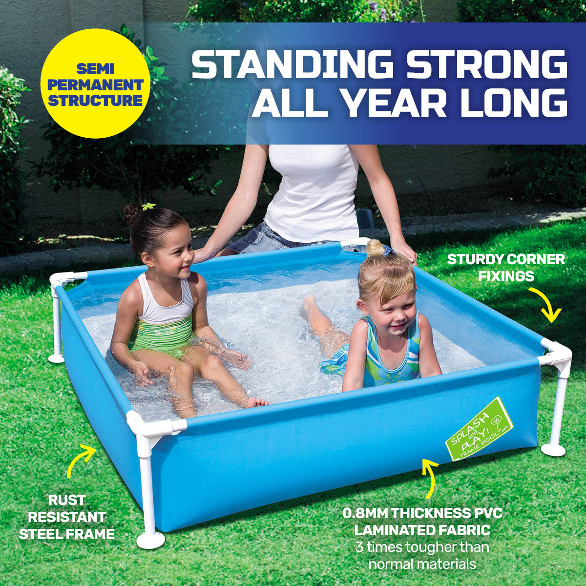 Bestway Steel Pro My First Frame Pool for kids, featuring a blue color and sturdy frame, perfect for summer fun in small backyards.