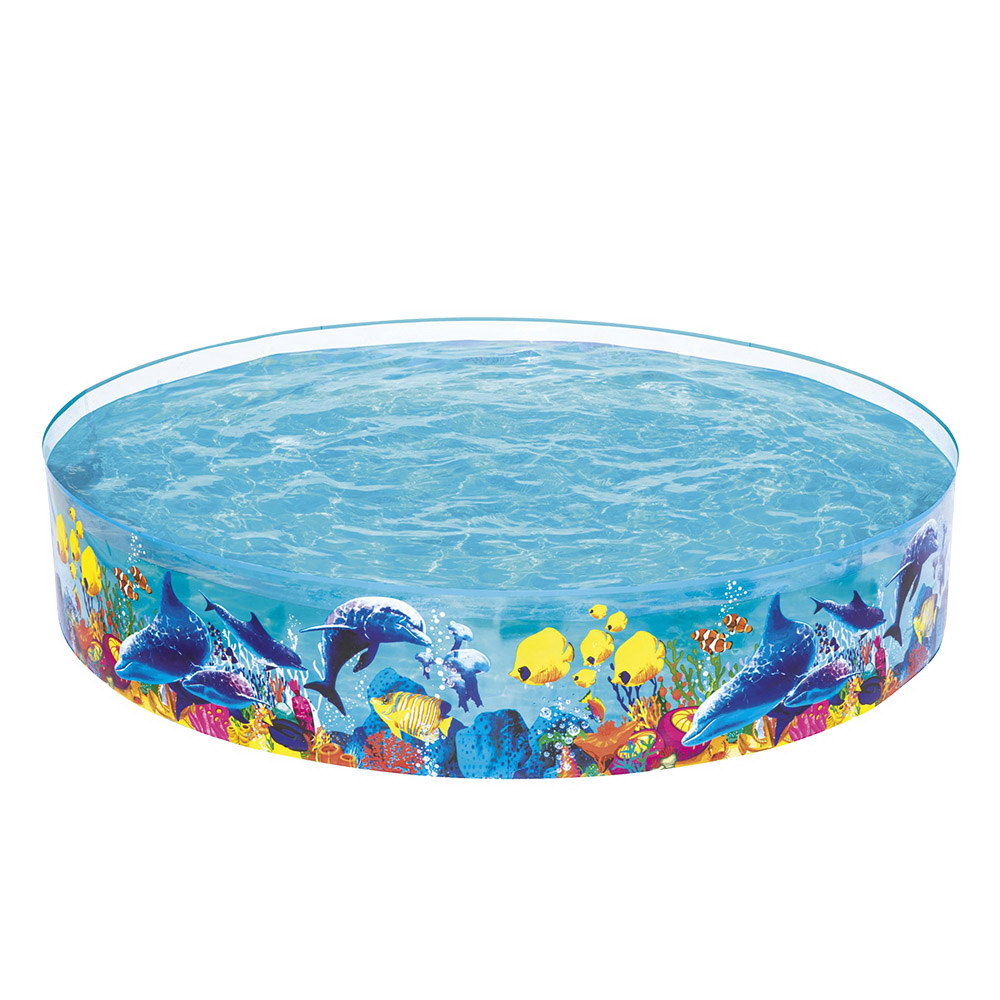 Bestway Swimming Odyssey Kids Round Pool with colorful marine life graphics, set up in a backyard, filled with water for children to play.