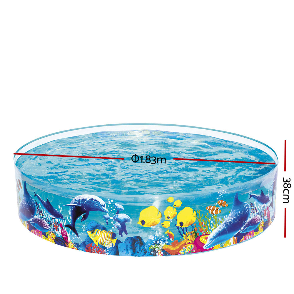 Bestway Fill-n-Fun Play Pool for kids featuring colorful marine life graphics, made from eco-friendly PVC vinyl.