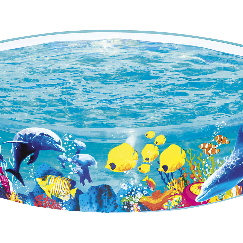 Bestway Fill-n-Fun Play Pool for kids featuring colorful marine life graphics, made from eco-friendly PVC vinyl.