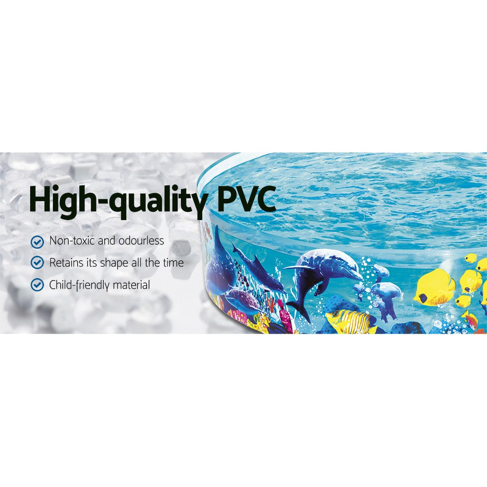 Bestway Fill-n-Fun Play Pool for kids featuring colorful marine life graphics, made from eco-friendly PVC vinyl.