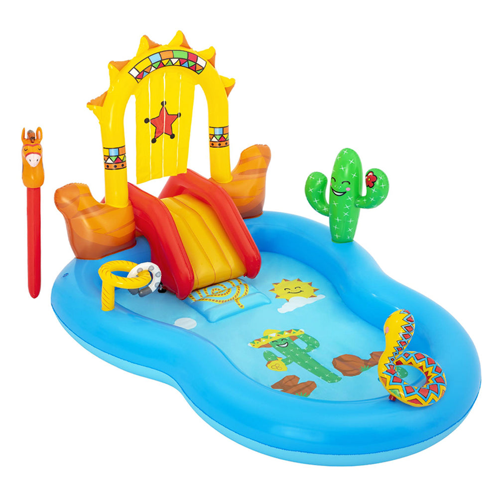 Bestway Wild West Swimming Pool featuring inflatable horse, slide, and built-in sprinkler for kids' outdoor fun.