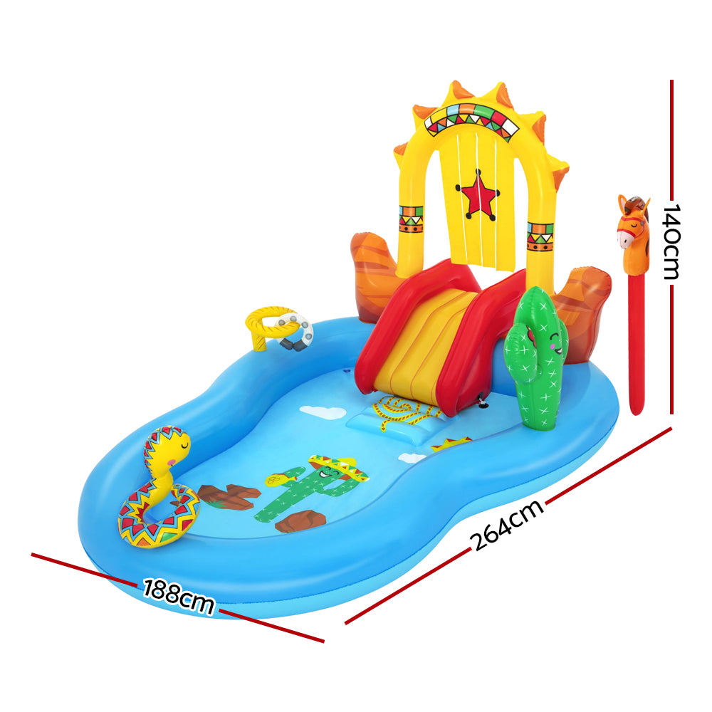 Bestway Wild West Swimming Pool featuring inflatable horse, slide, and built-in sprinkler for kids' outdoor fun.