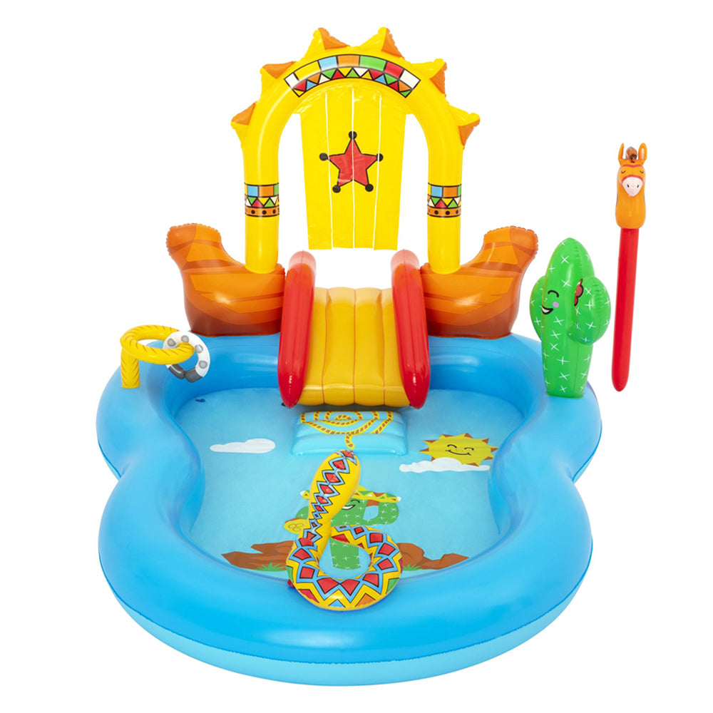 Bestway Wild West Swimming Pool featuring inflatable horse, slide, and built-in sprinkler for kids' outdoor fun.