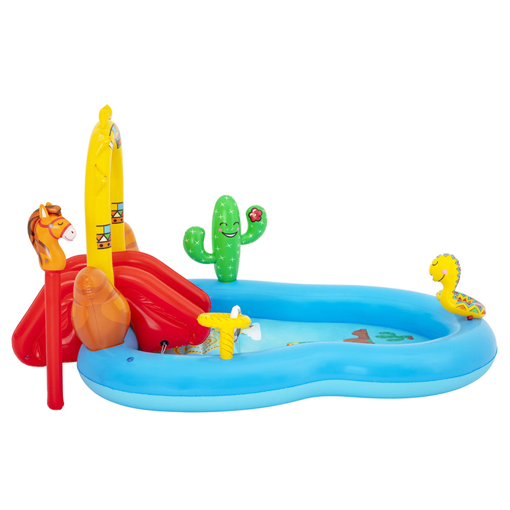 Bestway Wild West Swimming Pool featuring inflatable horse, slide, and built-in sprinkler for kids' outdoor fun.