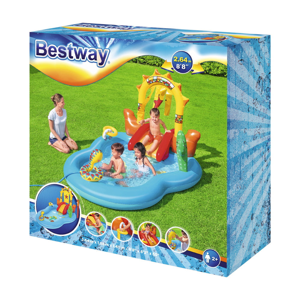 Bestway Wild West Swimming Pool featuring inflatable horse, slide, and built-in sprinkler for kids' outdoor fun.