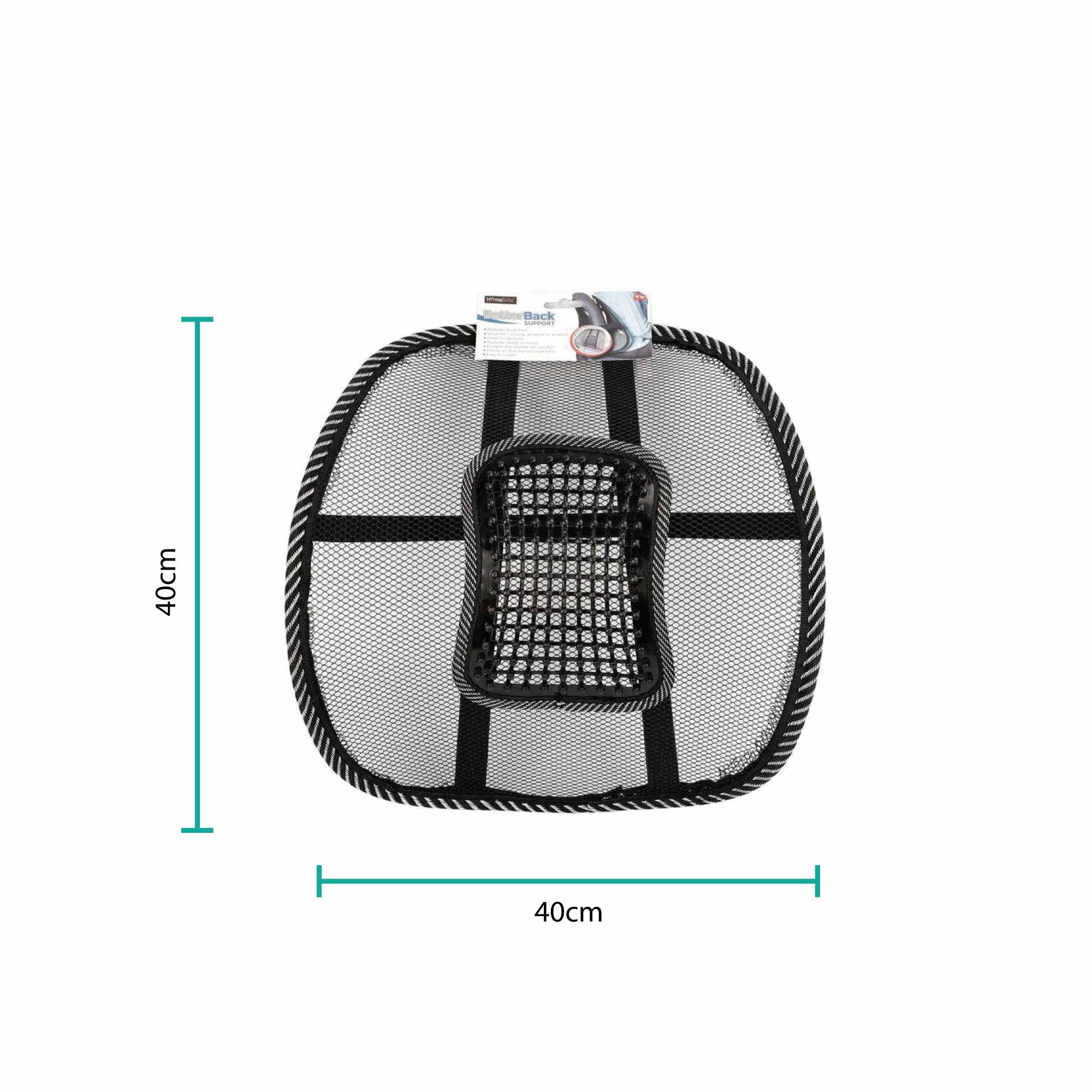 Better Back Support Chair Lumbar Brace in black mesh with silver accents, featuring massage beads for enhanced comfort and posture support.