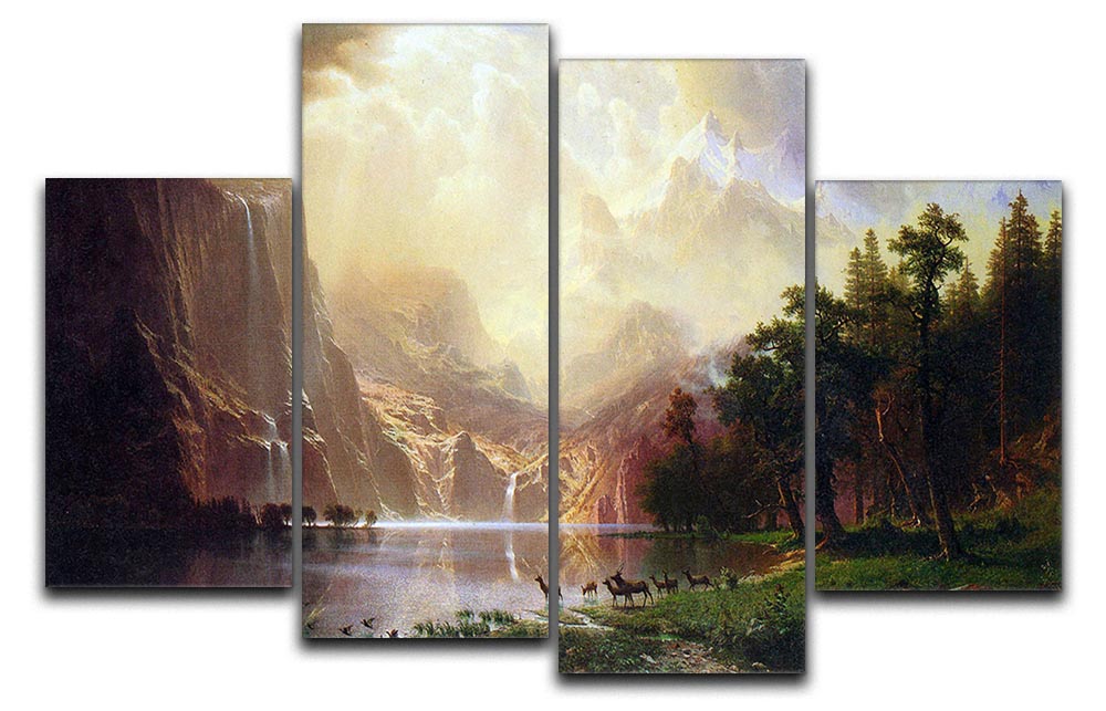 A beautiful 4-split canvas artwork depicting Bierstadt's Between the Sierra Nevada Mountains, showcasing vibrant colors and intricate details.
