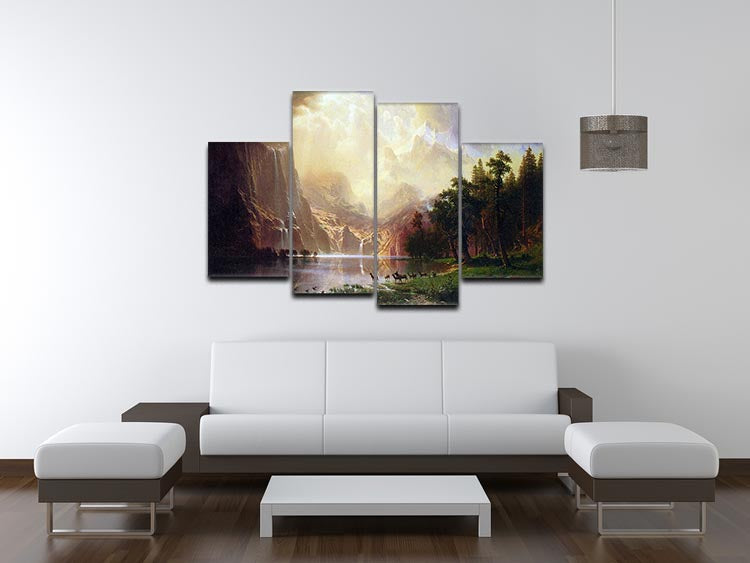 A beautiful 4-split canvas artwork depicting Bierstadt's Between the Sierra Nevada Mountains, showcasing vibrant colors and intricate details.