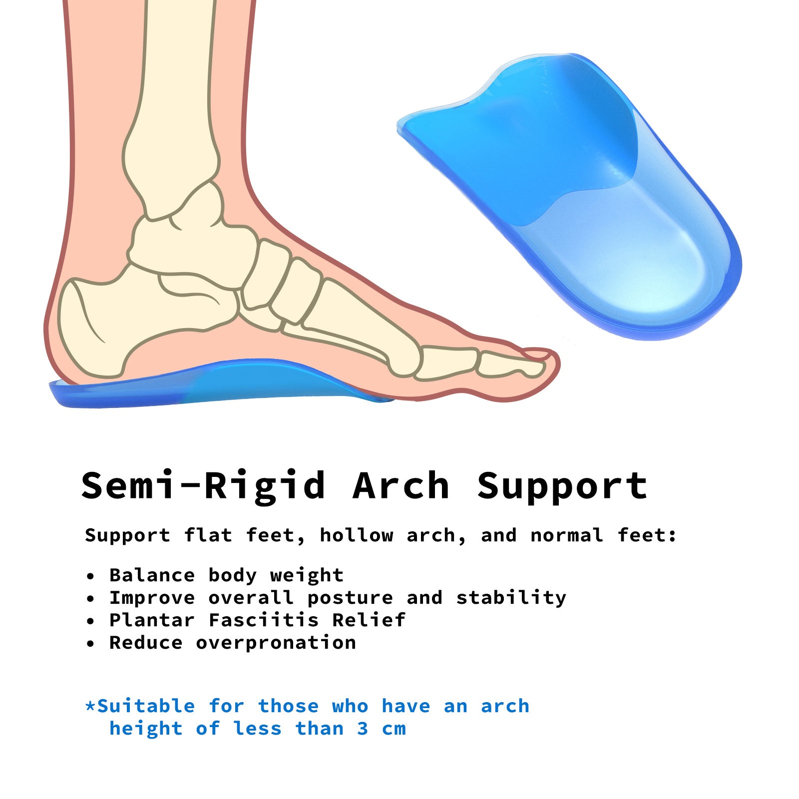 Bibal Insole 4X Pair L Size Gel Half Insoles showcasing their blue color and gel cushioning design for arch support.