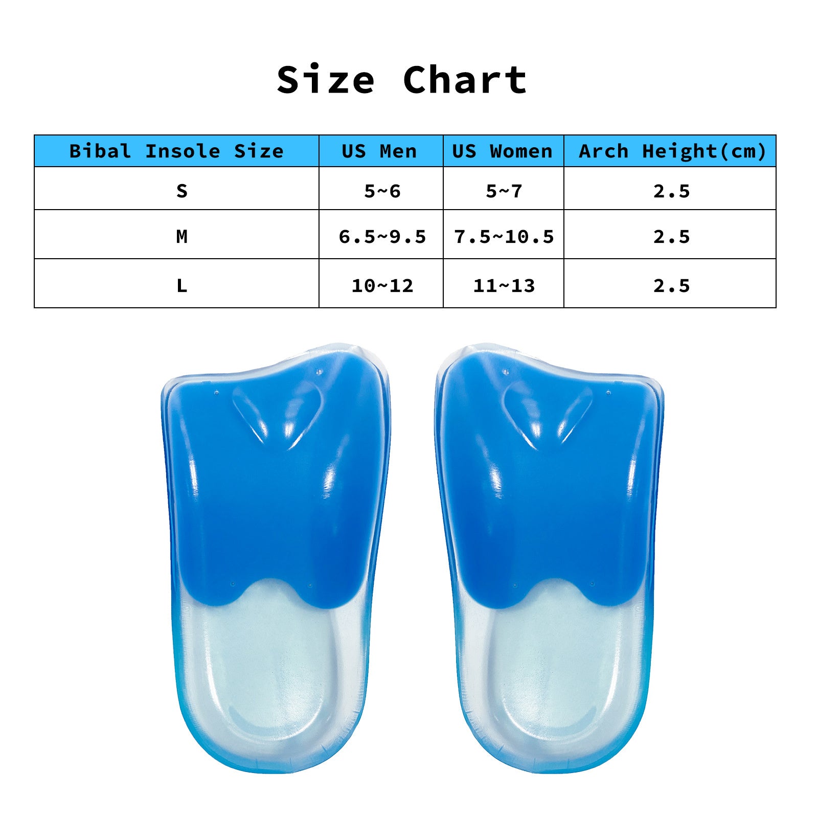 Bibal Insole 4X Pair M Size Gel Half Insoles showcasing their blue color and gel cushioning design, ideal for arch support.