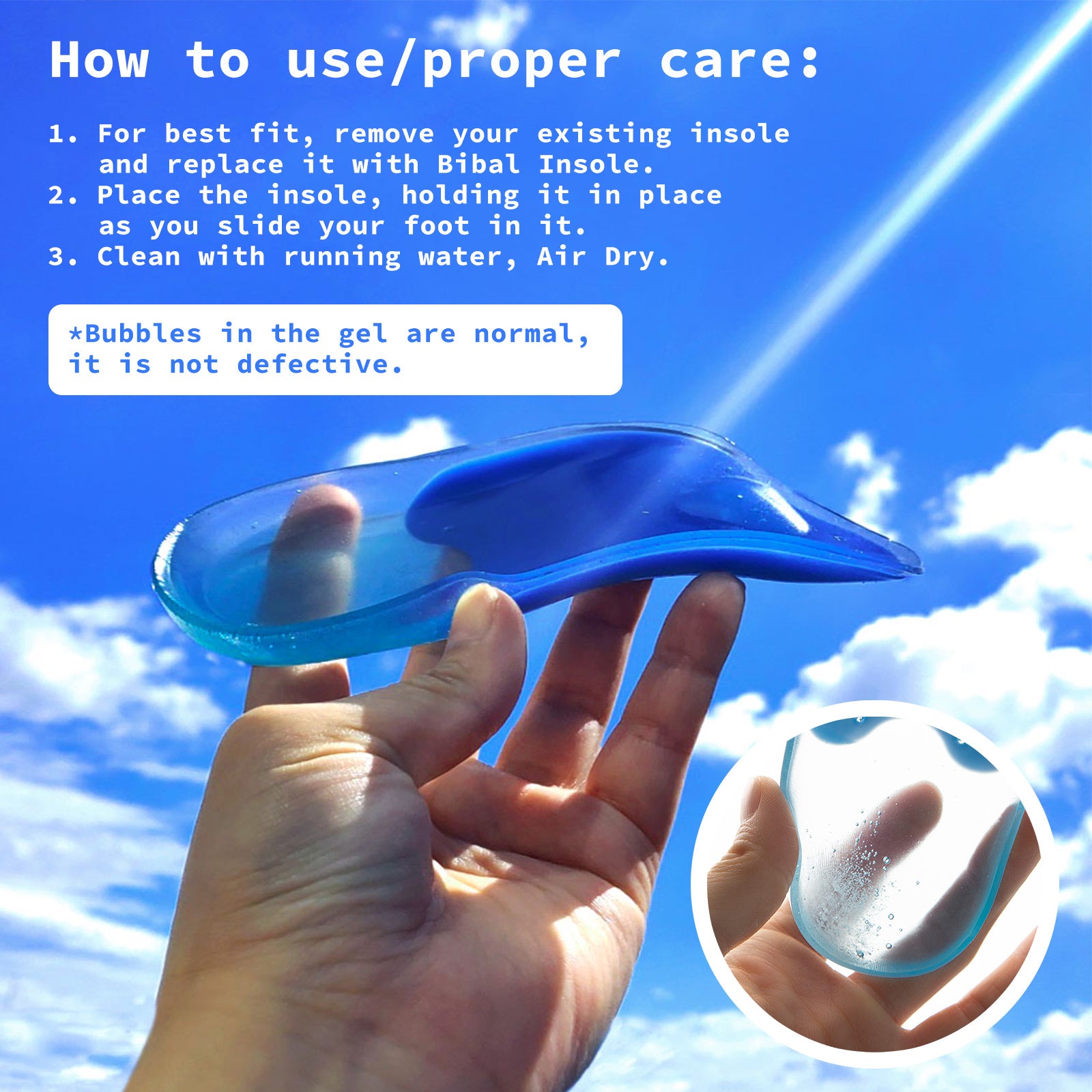 Bibal Insole 4X Pair M Size Gel Half Insoles showcasing their blue color and gel cushioning design, ideal for arch support.