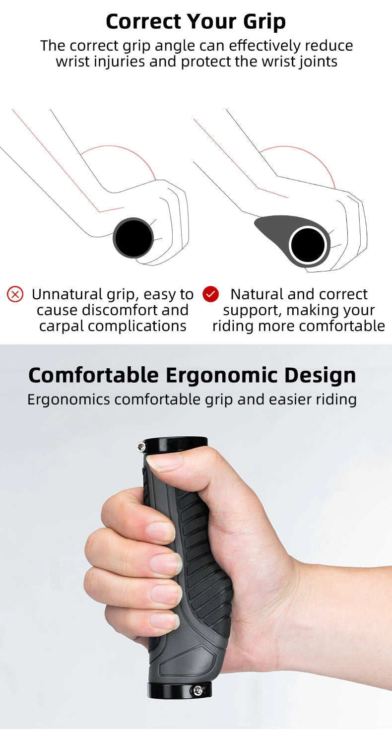 Bicycle grips designed for MTB and road bikes, featuring a double lock mechanism and anti-slip rubber for enhanced comfort and control.