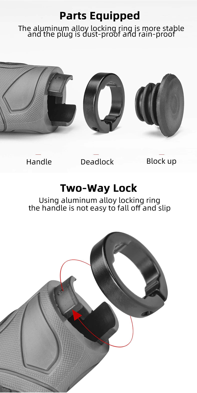 Bicycle grips designed for MTB and road bikes, featuring a double lock mechanism and anti-slip rubber for enhanced comfort and control.