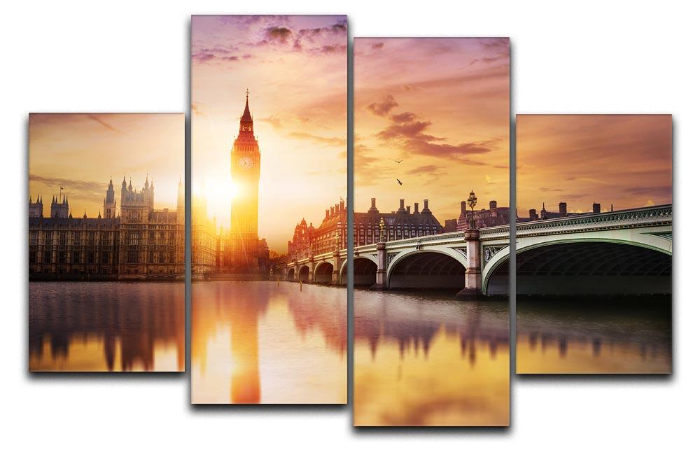 A beautiful 4 split panel canvas artwork featuring Big Ben and Westminster Bridge at dusk, showcasing vibrant colors and intricate details.
