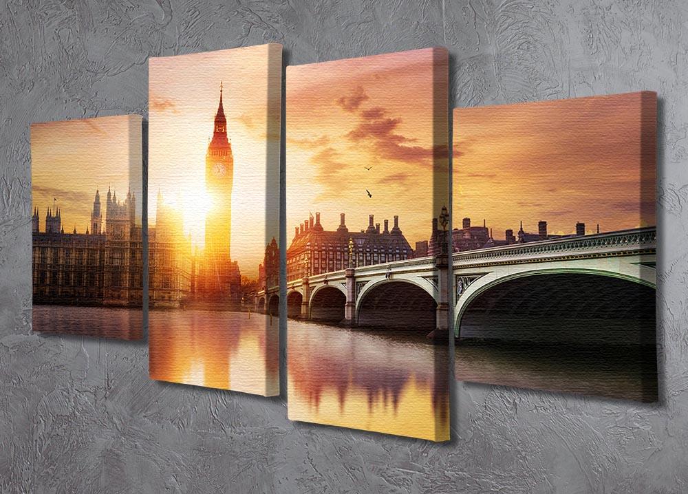A beautiful 4 split panel canvas artwork featuring Big Ben and Westminster Bridge at dusk, showcasing vibrant colors and intricate details.