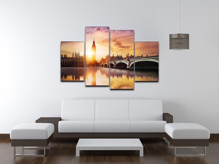 A beautiful 4 split panel canvas artwork featuring Big Ben and Westminster Bridge at dusk, showcasing vibrant colors and intricate details.