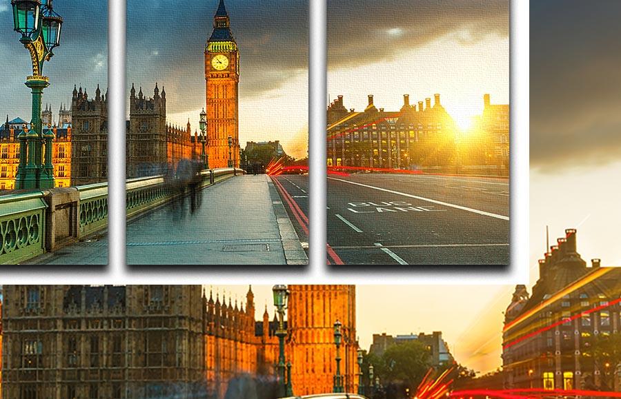 A stunning 3-panel canvas print featuring Big Ben at sunset, showcasing vibrant colors and intricate details.