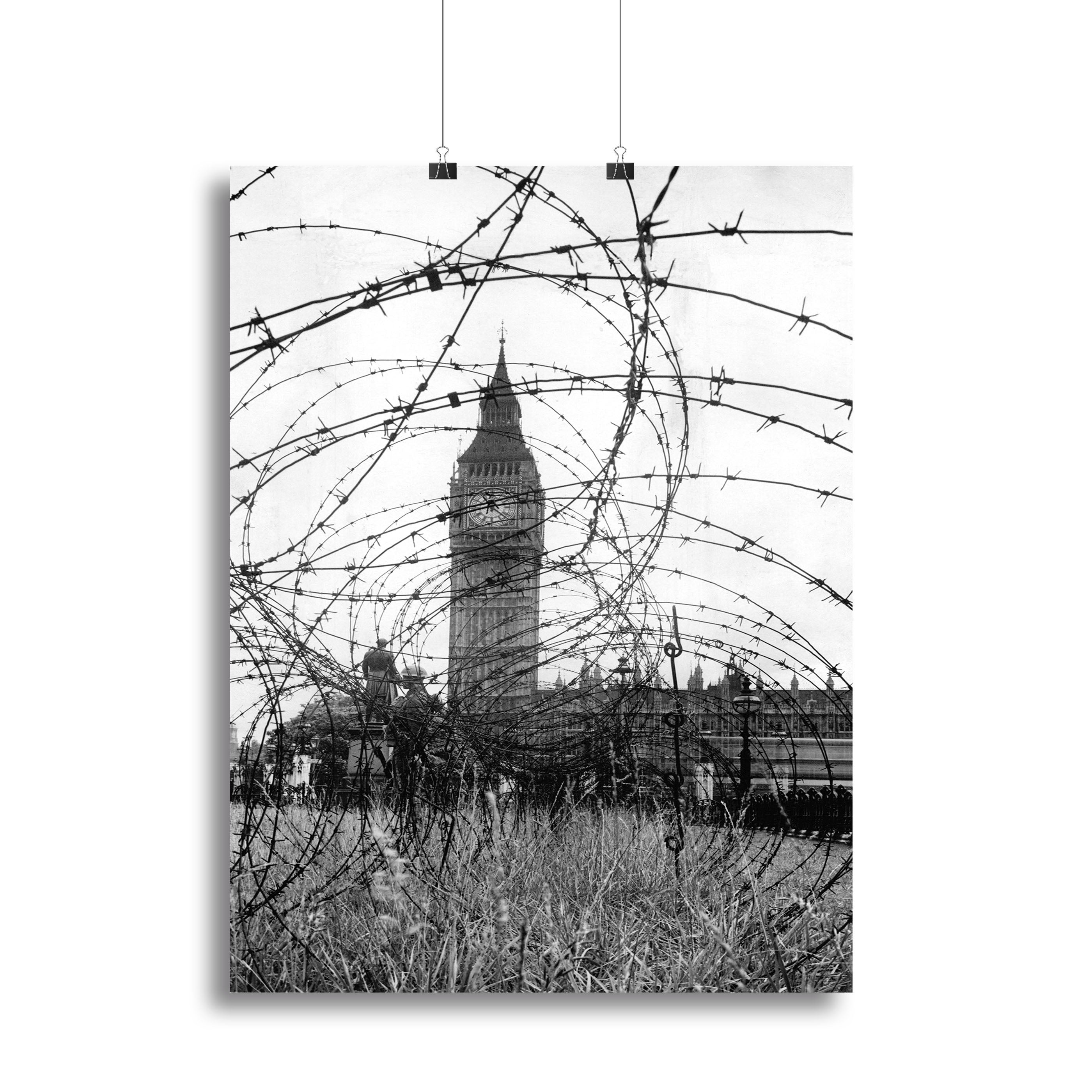 Canvas print of Big Ben surrounded by barbed wire, showcasing a modern artistic interpretation of London's iconic clock tower.
