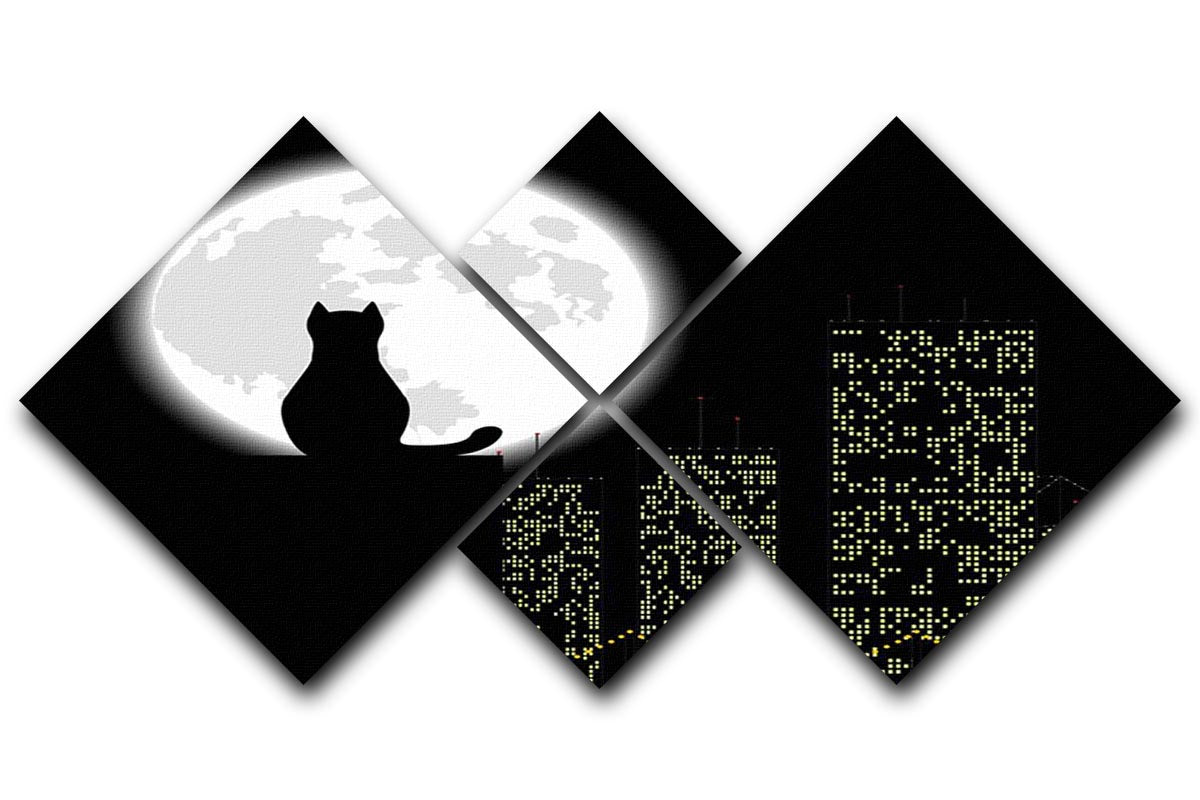 A vibrant 4-square canvas artwork featuring playful cats in a big city setting, perfect for home decor.