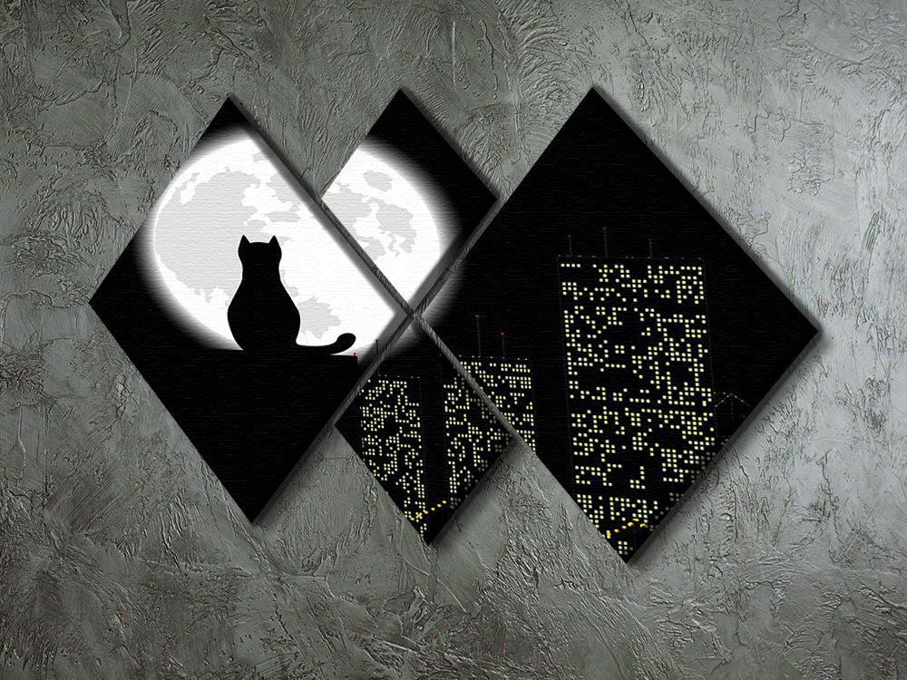 A vibrant 4-square canvas artwork featuring playful cats in a big city setting, perfect for home decor.