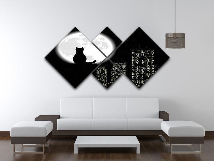 A vibrant 4-square canvas artwork featuring playful cats in a big city setting, perfect for home decor.