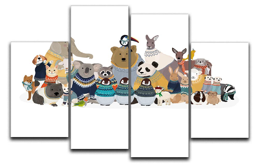 A vibrant 4-split canvas artwork depicting a group of friends in colorful jumpers, showcasing a dynamic and cohesive design.
