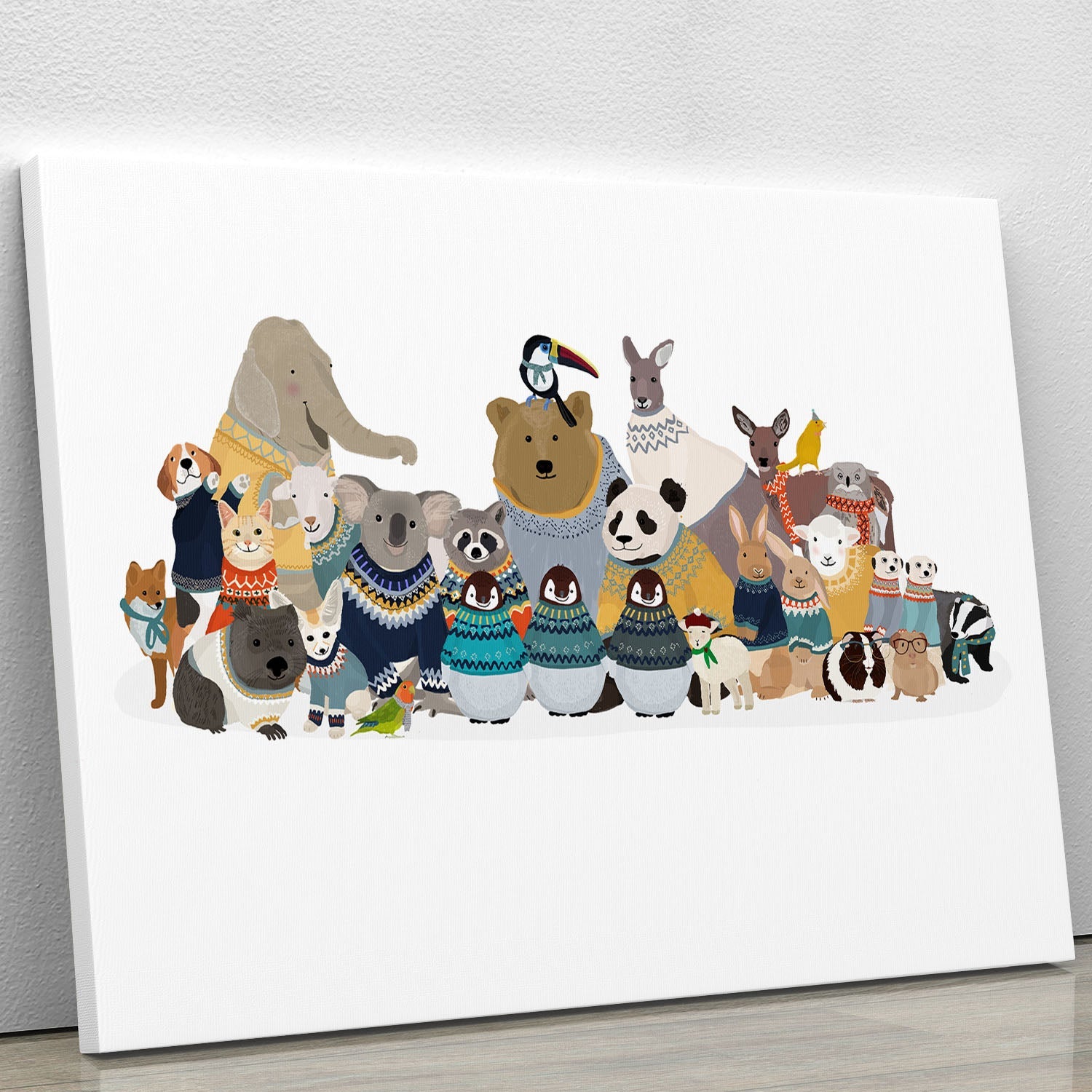 A vibrant canvas print featuring a group of friends wearing jumpers, showcasing warmth and camaraderie in a colorful design.